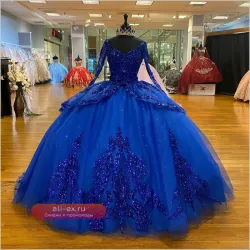 Royal Blue Quinceanera Dress 2023 Ball Gown Long Sleeve Appliques Beading Vestidos De Fiesta Lorencia YQD253