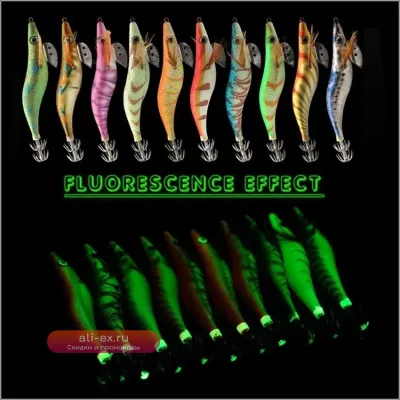 Светящиеся приманки для кальмара и осьминога Fishing Wood Shrimp Luminous Squid Octopus Lure 10 шт. 3.0# с 3D глазами, жесткая приманка-воблер с сумкой