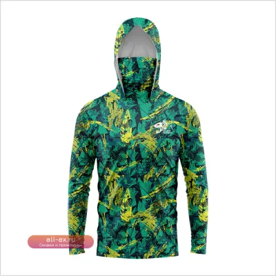 GG New Gear Футболка для рыбалки с длинным рукавом, быстросохнущая, дышащая, с капюшоном и маской, защита от УФ 50+