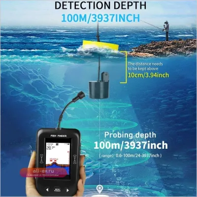 Эхолот 45 Degrees XF03 с глубиной 100 м, LCD-дисплеем, портативный, водонепроницаемый, с дизайном проводов