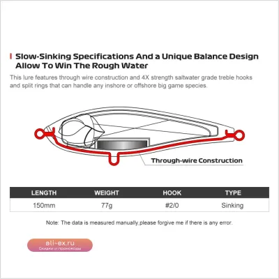 Noeby Offshore 150мм 77г тонущий джеркбейт с усиленными крючками 4X