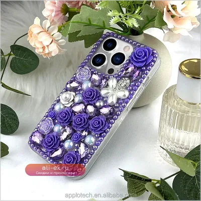 Чехол Bling Diamond с кристаллами и фиолетовым цветком для iPhone 13/14/15 Pro Max/XR/16 Pro