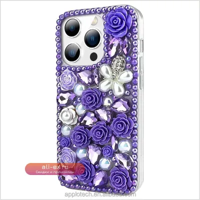Чехол Bling Diamond с кристаллами и фиолетовым цветком для iPhone 13/14/15 Pro Max/XR/16 Pro