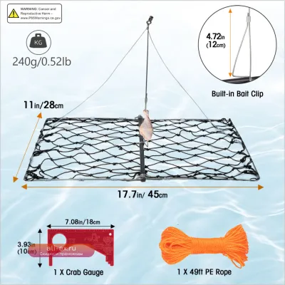 Складной нейлоновый сачок для крабов с веревкой, зажимом для наживки и стальной клеткой