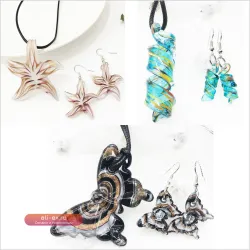 Набор из 6 подвесок-кулонов и сережек из муранского стекла "Микс форм" для женщин: бабочка, морская звезда, спираль, капли воды