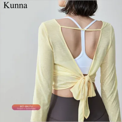 Легкий летний топ-туника из бамбука для йоги с длинными рукавами и завязками сзади