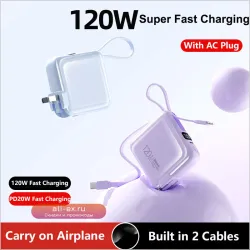 Портативное зарядное устройство Mini Power Bank 20000mAh 120W с кабелем и вилкой для iPhone, Huawei, Xiaomi, Samsung