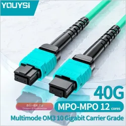 Кабель оптоволоконный YOUYSI MPO-MPO OM3 12 волокон, тип A/B, круглый, штырь/гнездо, aqua, MTP