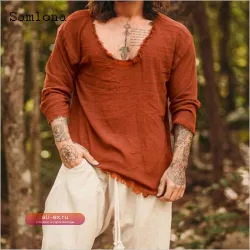 Мужская футболка Samlona с длинным рукавом, пэчворк, рваный дизайн, лето 2022, повседневная, оранжево-красная