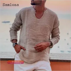 Мужская футболка Samlona с длинным рукавом, пэчворк, рваный дизайн, лето 2022, повседневная, оранжево-красная