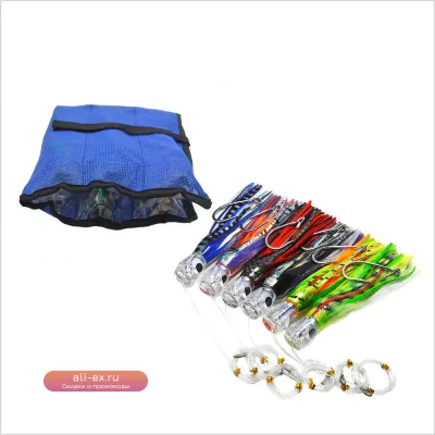 Набор из 6 тизерных приманок для троллинга (23/16.5 см) для ловли марлина, тунца, дорадо в глубоководном морском рыболовстве (сетчатая сумка в комплекте)