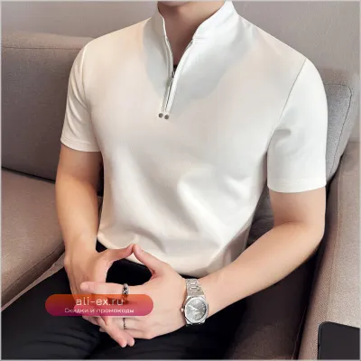 Мужская поло с воротником-стойкой и полумолнией, отделкой заклепками, коротким рукавом, приталенный силуэт, размеры M-4XL