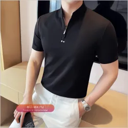 Мужская поло с воротником-стойкой и полумолнией, отделкой заклепками, коротким рукавом, приталенный силуэт, размеры M-4XL