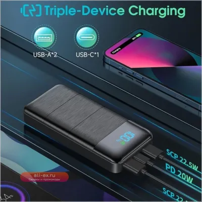 Power Bank 20000mAh для iPad, планшета, ноутбука с быстрой зарядкой