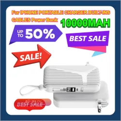 Портативное зарядное устройство Power Bank 10000mAh для iPhone с встроенными кабелями, белое