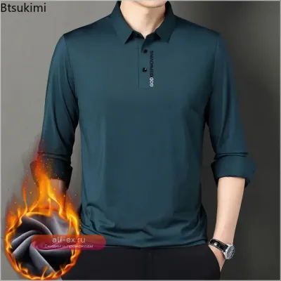 2025 Мужская повседневная теплая рубашка-поло из флиса, однотонная, деловая, модная, мягкая, с отложным воротником, свободный топ
