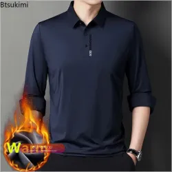 2025 Мужская повседневная теплая рубашка-поло из флиса, однотонная, деловая, модная, мягкая, с отложным воротником, свободный топ