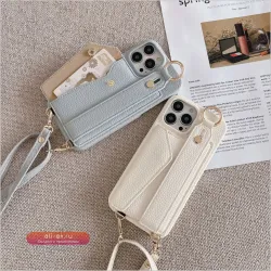 Кожаный чехол-кошелек Crossbody для iPhone 17/16/15/14/13/12/11 Pro Max с ремешком на запястье и слотом для карт