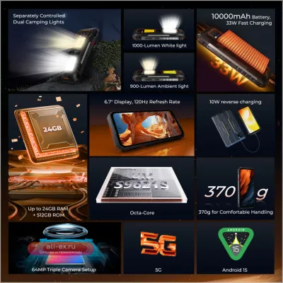 OUKITEL WP58 PRO 5G Защищенный смартфон 24GB RAM, 512GB ROM, Android 15, NFC, 64MP камера, 10000mAh батарея, 33W зарядка, фонарик