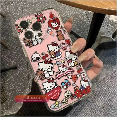 Чехол Kawaii Hello Kitty для iPhone 17 Pro Max / 16 Plus / 15 / 14 / 13 / 12 Mini