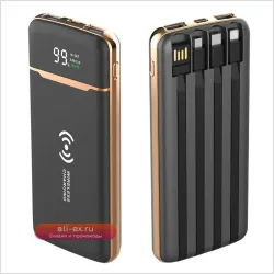 Портативный Power Bank 20000mAh с беспроводной зарядкой, встроенным кабелем и цифровым дисплеем для iPhone, Samsung, Huawei, Xiaomi