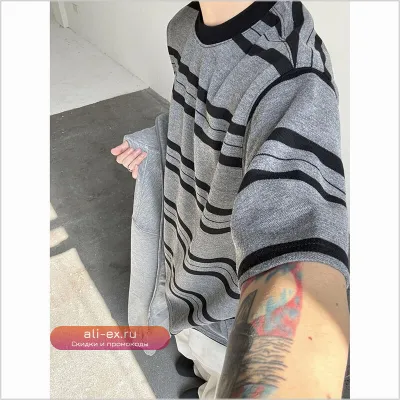 Летняя мужская футболка с принтом в полоску, круглым вырезом и коротким рукавом, серый, винтажный стиль, для офиса и повседневности