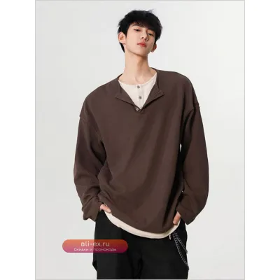 Мужской свитер "Фейк Тупис" в винтажном стиле с воротником-хенли, длинным рукавом, свободного кроя, универсальный, модный, повседневный, базовый слой для пар
