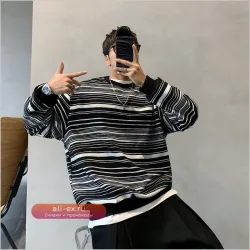 Мужская вельветовая футболка с длинным рукавом в полоску, утепленная, оверсайз, для повседневной носки