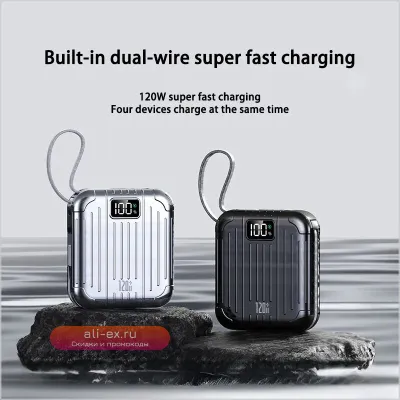 Портативный аккумулятор Power Bank 10000mAh с кабелем, быстрая зарядка, мини-пауэрбанк для iPhone, Samsung, Huawei