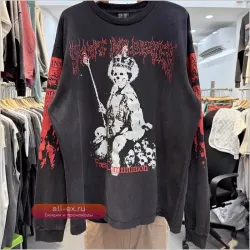 Футболка поло Saint с принтом Skull Throne, вареная, с потертостями и дырками, унисекс, черная, повседневная, с длинным рукавом для мужчин и женщин