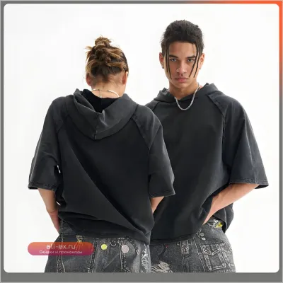 Мужская футболка с капюшоном Vintage 240gsm, короткий рукав, пэчворк