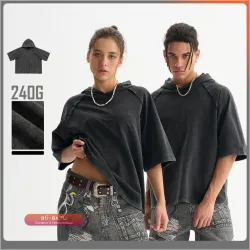 Мужская футболка с капюшоном Vintage 240gsm, короткий рукав, пэчворк