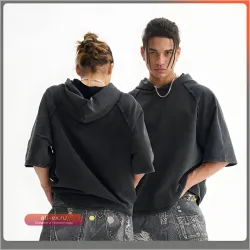 Мужская футболка с капюшоном Vintage 240gsm, короткий рукав, пэчворк