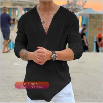 Мужская футболка с глубоким V-образным вырезом, длинным рукавом, свободного кроя, с неровным подолом, однотонная