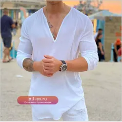 Мужская футболка с глубоким V-образным вырезом, длинным рукавом, свободного кроя, с неровным подолом, однотонная
