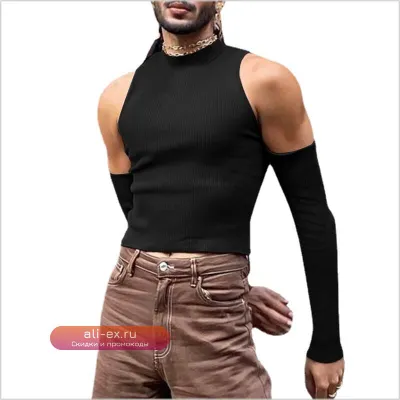 Футболка с длинным рукавом и узким воротом, с вырезами, модная мужская, 2025, уличная стиль, кроп-топ