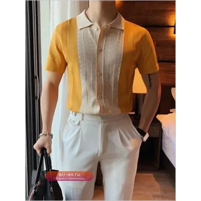 Рубашка поло мужская трикотажная в полоску с контрастной отделкой 2025