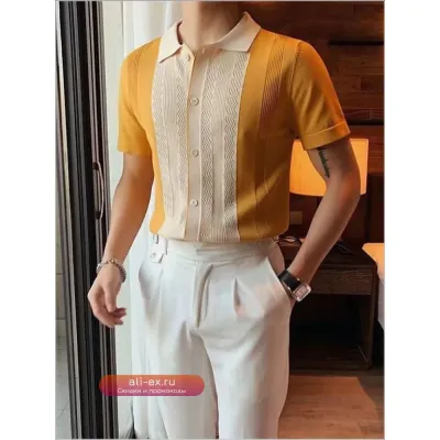 Рубашка поло мужская трикотажная в полоску с контрастной отделкой 2025