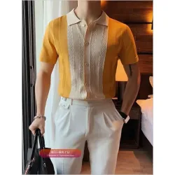 Рубашка поло мужская трикотажная в полоску с контрастной отделкой 2025