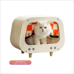 Интегрированный домик-лежанка для кошек с когтеточкой из дерева