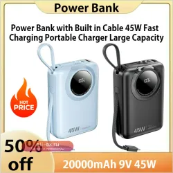 Power Bank 20000mAh с встроенным кабелем, 45W быстрая зарядка, портативное зарядное устройство большой емкости