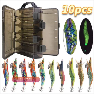 Светящиеся приманки для рыбалки на кальмара, 10 шт. в коробке, деревянные креветки, 12г/15г, с двойной коробкой