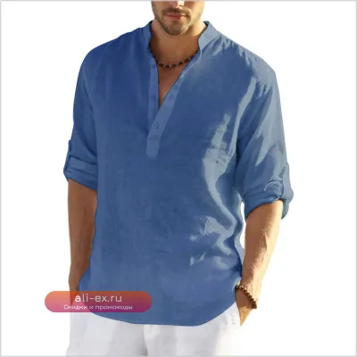 Мужская рубашка-поло из хлопка и льна с длинным рукавом в стиле хиппи