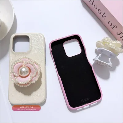 Чехол для iPhone 16/15/14/13/12/11 Pro Max с 3D жемчужной цветочной подставкой, чехол из PU кожи, противоударный