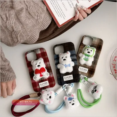 Мягкий плюшевый чехол "Клетка" для iPhone 17/13/14/15/16 Pro Max с ремешком, защита от падений