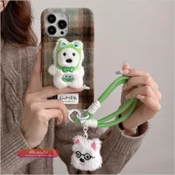 Мягкий плюшевый чехол "Клетка" для iPhone 17/13/14/15/16 Pro Max с ремешком, защита от падений