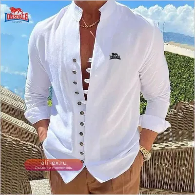 Мужская рубашка с воротником Генри из хлопка и льна, длинный рукав