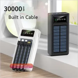 Солнечная портативная зарядная станция 30000 мАч с встроенным кабелем для iPhone 14 13 Samsung S22