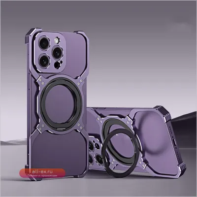 Магнитный металлический чехол-бампер Rimless для iPhone 17/16/15/14/13 Pro Max с вращающейся подставкой 360° и защитой объектива