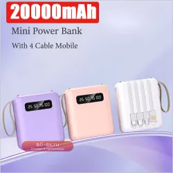 Портативное зарядное устройство Mini Power Bank 20000mAh 4-in-1 с быстрой зарядкой и 4 кабелями для iPhone, Xiaomi 14, Samsung